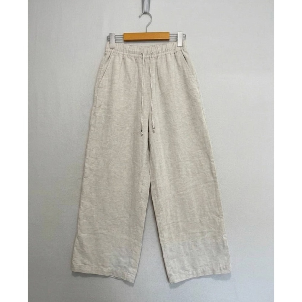 H&M Wide Leg Linen Blend Pants XS Oatmeal Beige Drawstring Elastic Waist Pockets